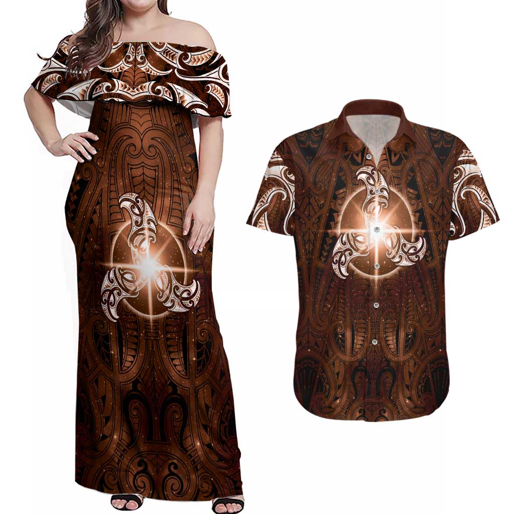 New Zealand Matariki Tupuanuku Couples Matching Off Shoulder Maxi Dress and Hawaiian Shirt Maori Moko Brown Galaxy