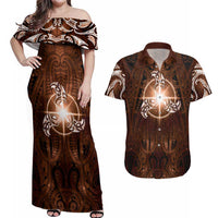 New Zealand Matariki Tupuanuku Couples Matching Off Shoulder Maxi Dress and Hawaiian Shirt Maori Moko Brown Galaxy
