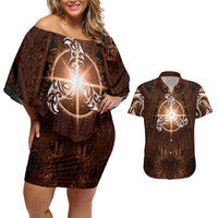 New Zealand Matariki Tupuanuku Couples Matching Off Shoulder Short Dress and Hawaiian Shirt Maori Moko Brown Galaxy