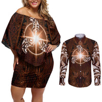 New Zealand Matariki Tupuanuku Couples Matching Off Shoulder Short Dress and Long Sleeve Button Shirt Maori Moko Brown Galaxy