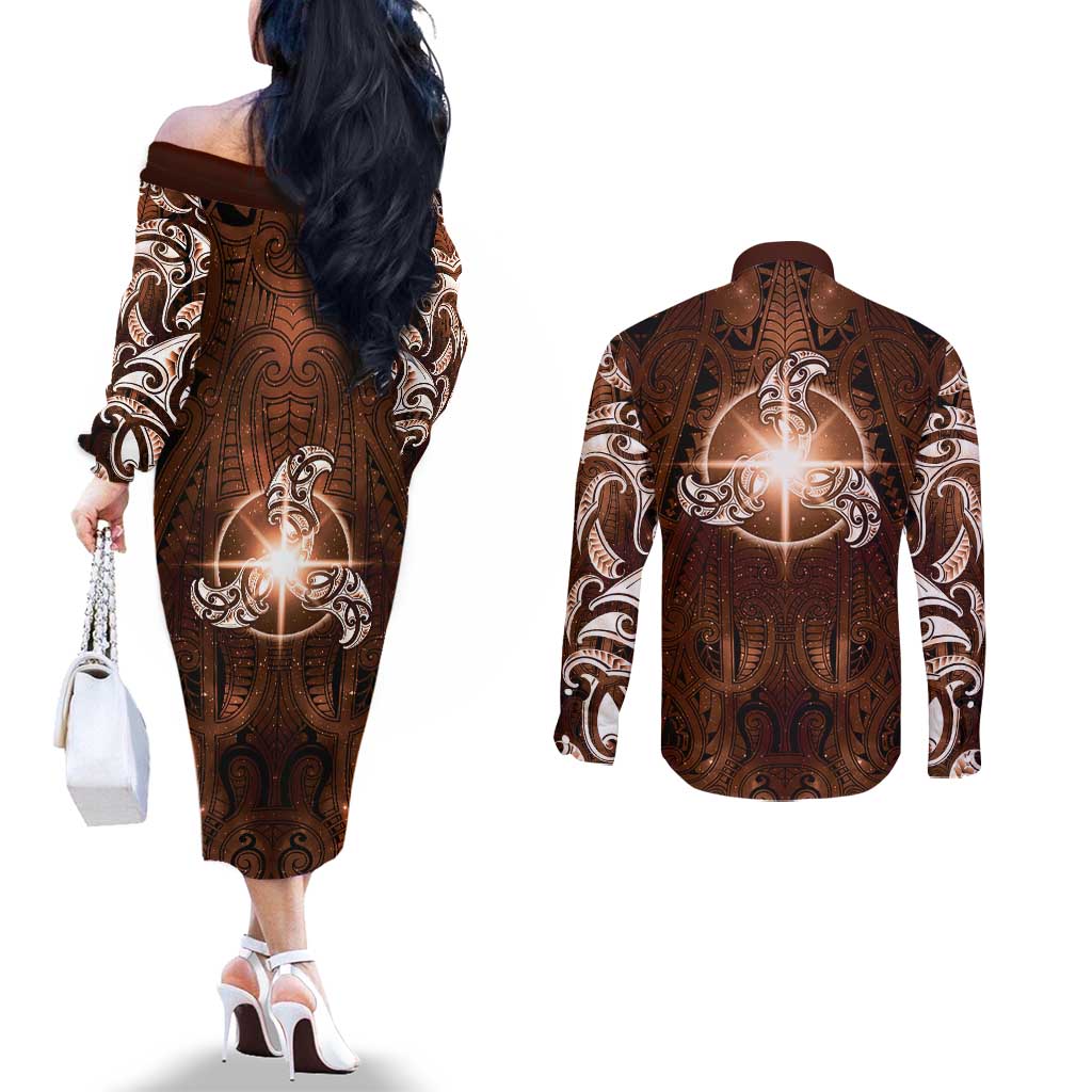 New Zealand Matariki Tupuanuku Couples Matching Off The Shoulder Long Sleeve Dress and Long Sleeve Button Shirt Maori Moko Brown Galaxy