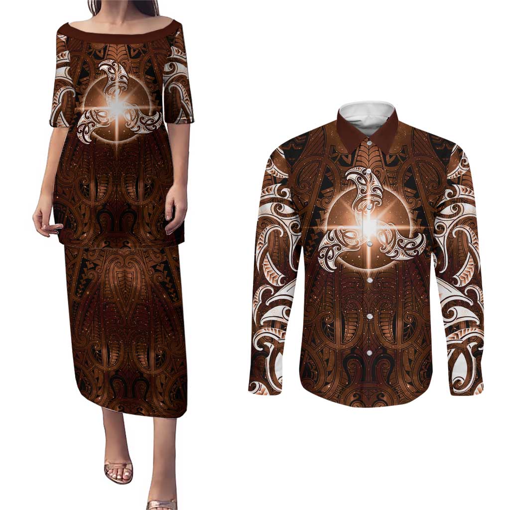 New Zealand Matariki Tupuanuku Couples Matching Puletasi and Long Sleeve Button Shirt Maori Moko Brown Galaxy