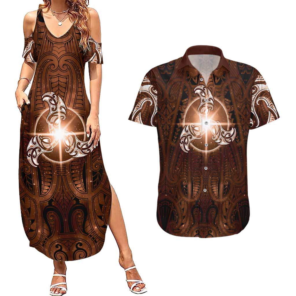 New Zealand Matariki Tupuanuku Couples Matching Summer Maxi Dress and Hawaiian Shirt Maori Moko Brown Galaxy
