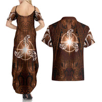 New Zealand Matariki Tupuanuku Couples Matching Summer Maxi Dress and Hawaiian Shirt Maori Moko Brown Galaxy