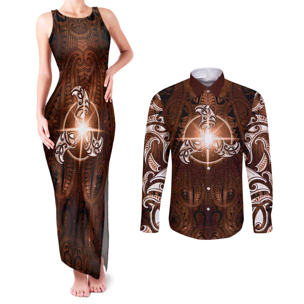 New Zealand Matariki Tupuanuku Couples Matching Tank Maxi Dress and Long Sleeve Button Shirt Maori Moko Brown Galaxy