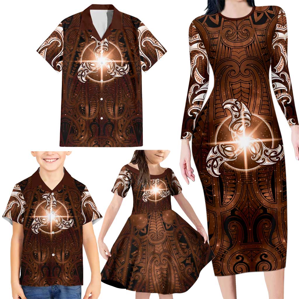 New Zealand Matariki Tupuanuku Family Matching Long Sleeve Bodycon Dress and Hawaiian Shirt Maori Moko Brown Galaxy