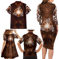 New Zealand Matariki Tupuanuku Family Matching Long Sleeve Bodycon Dress and Hawaiian Shirt Maori Moko Brown Galaxy