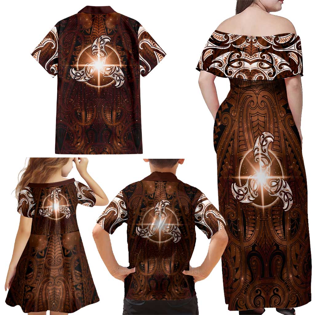 New Zealand Matariki Tupuanuku Family Matching Off Shoulder Maxi Dress and Hawaiian Shirt Maori Moko Brown Galaxy