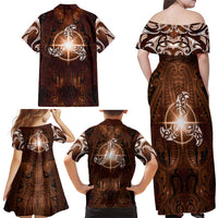 New Zealand Matariki Tupuanuku Family Matching Off Shoulder Maxi Dress and Hawaiian Shirt Maori Moko Brown Galaxy