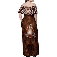 New Zealand Matariki Tupuanuku Family Matching Off Shoulder Maxi Dress and Hawaiian Shirt Maori Moko Brown Galaxy