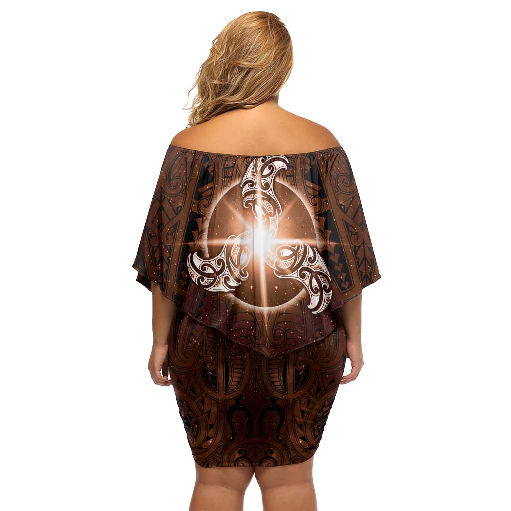 New Zealand Matariki Tupuanuku Family Matching Off Shoulder Short Dress and Hawaiian Shirt Maori Moko Brown Galaxy