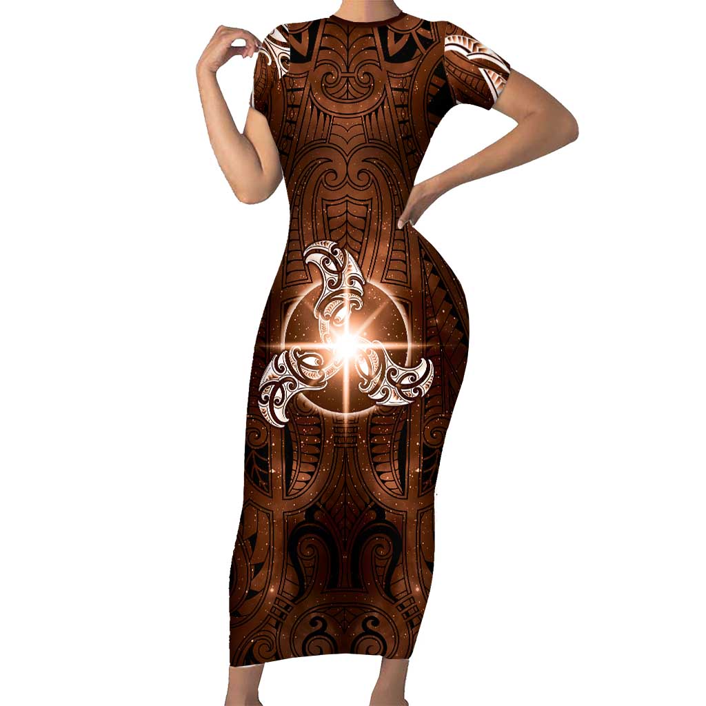 New Zealand Matariki Tupuanuku Family Matching Short Sleeve Bodycon Dress and Hawaiian Shirt Maori Moko Brown Galaxy