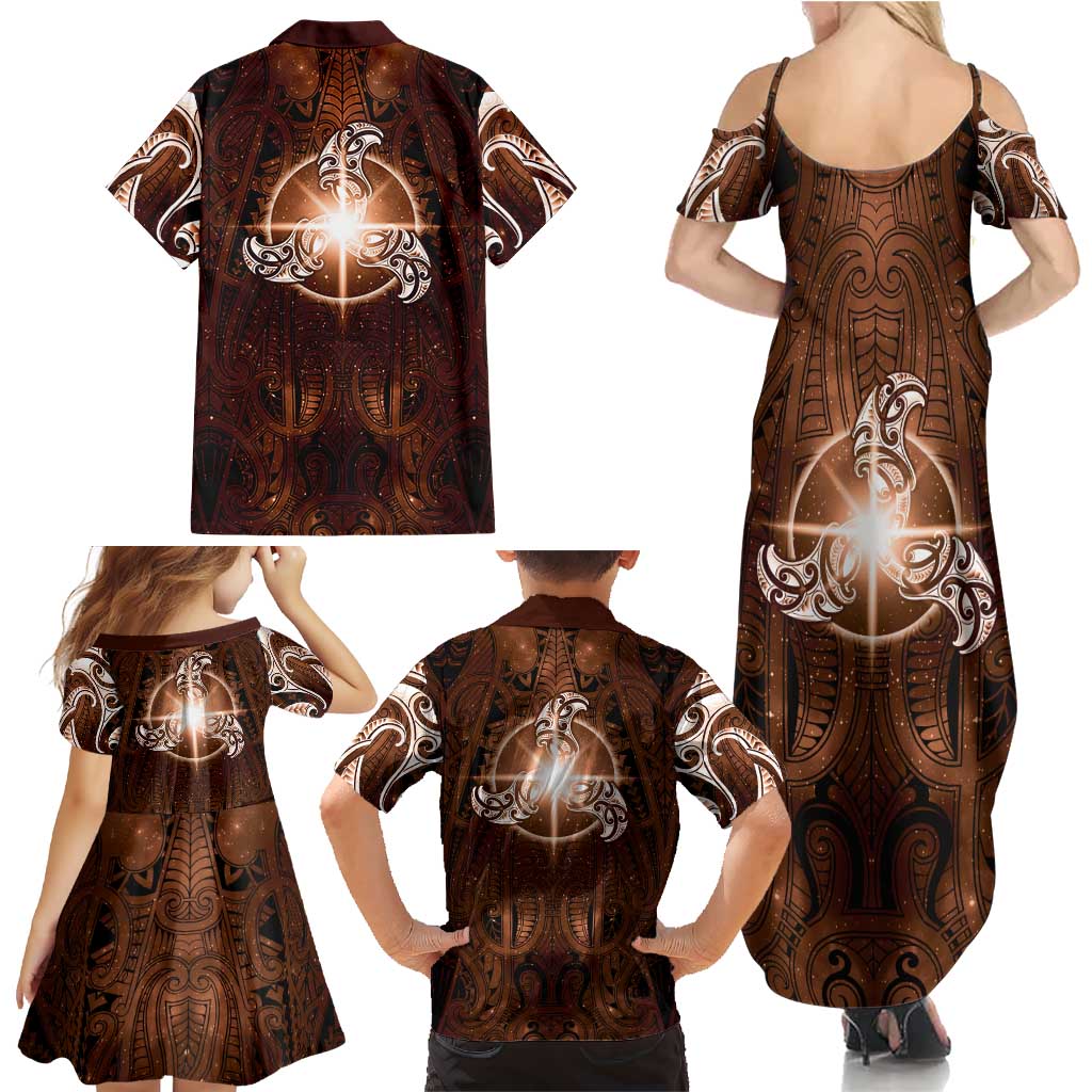 New Zealand Matariki Tupuanuku Family Matching Summer Maxi Dress and Hawaiian Shirt Maori Moko Brown Galaxy