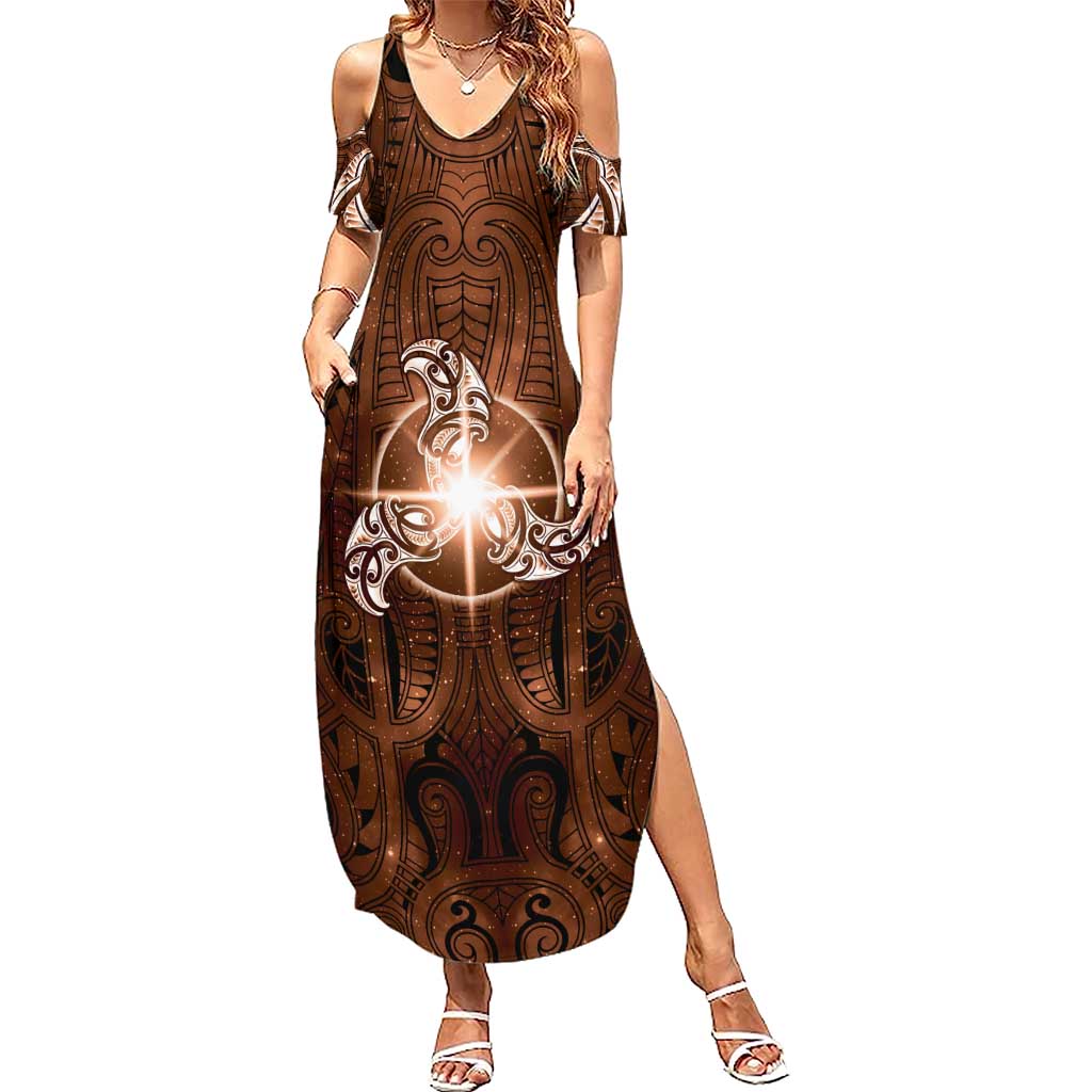 New Zealand Matariki Tupuanuku Family Matching Summer Maxi Dress and Hawaiian Shirt Maori Moko Brown Galaxy