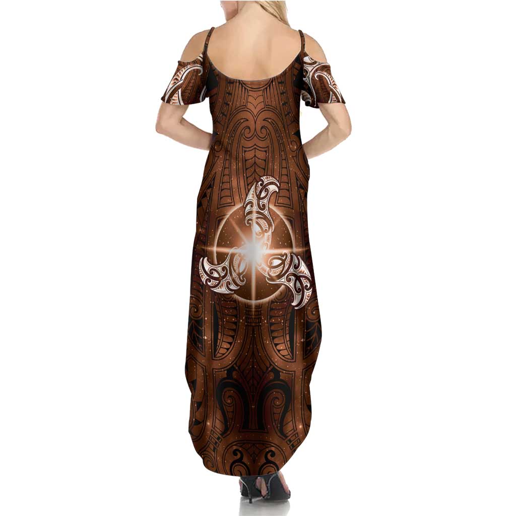 New Zealand Matariki Tupuanuku Family Matching Summer Maxi Dress and Hawaiian Shirt Maori Moko Brown Galaxy