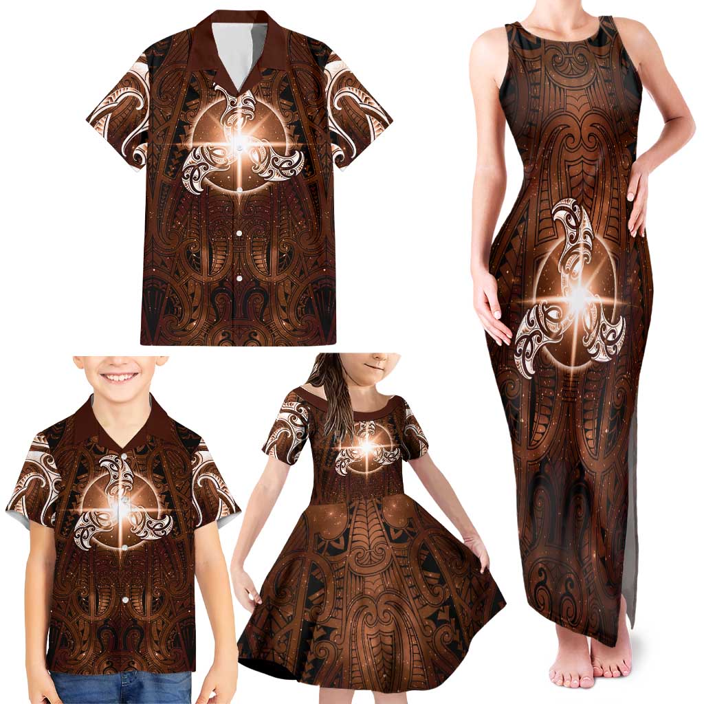 New Zealand Matariki Tupuanuku Family Matching Tank Maxi Dress and Hawaiian Shirt Maori Moko Brown Galaxy