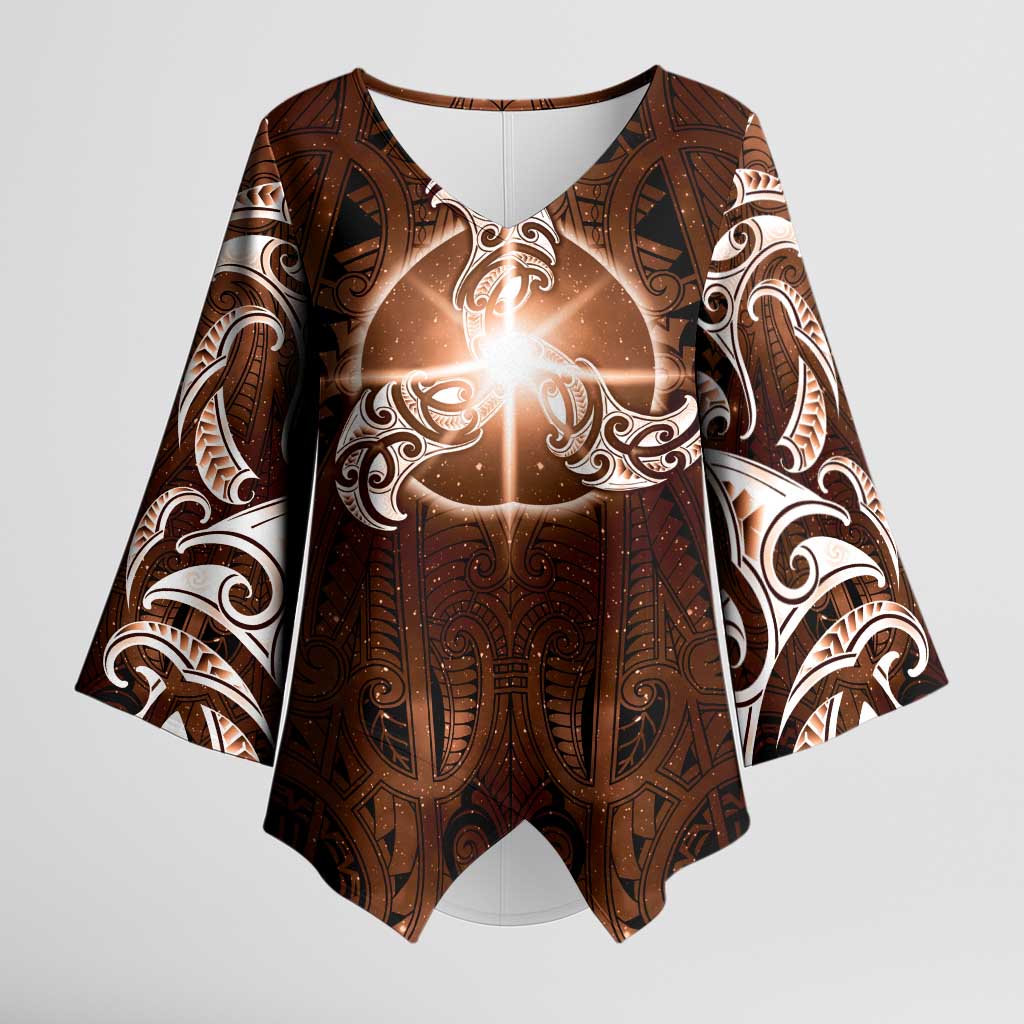 New Zealand Matariki Tupuanuku Kimono Sleeve Blouse Maori Moko Brown Galaxy
