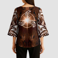 New Zealand Matariki Tupuanuku Kimono Sleeve Blouse Maori Moko Brown Galaxy