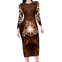New Zealand Matariki Tupuanuku Long Sleeve Bodycon Dress Maori Moko Brown Galaxy