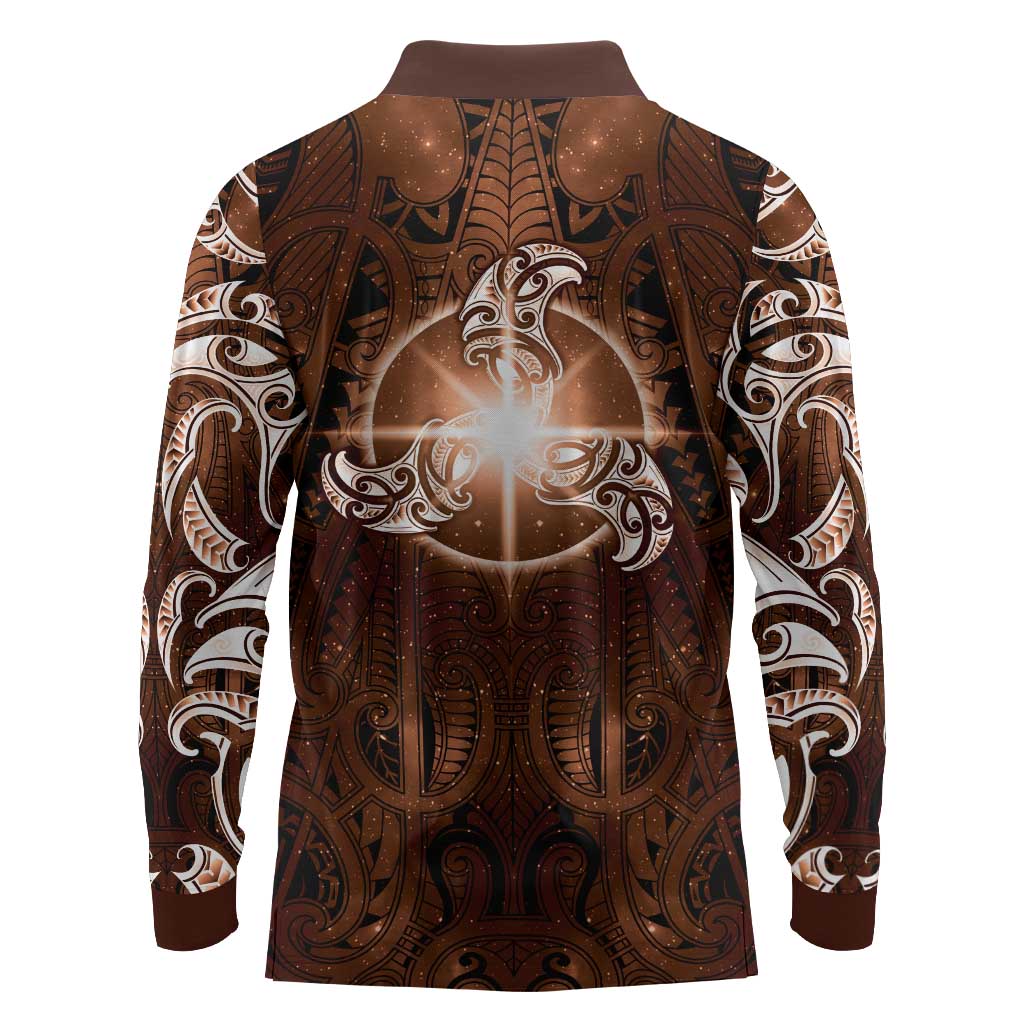 New Zealand Matariki Tupuanuku Long Sleeve Polo Shirt Maori Moko Brown Galaxy