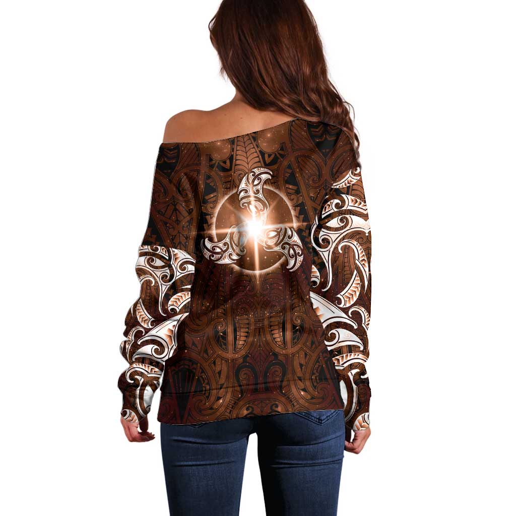 New Zealand Matariki Tupuanuku Off Shoulder Sweater Maori Moko Brown Galaxy LT05 - Polynesian Pride