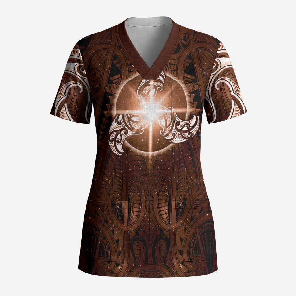 New Zealand Matariki Tupuanuku Scrub Top Maori Moko Brown Galaxy
