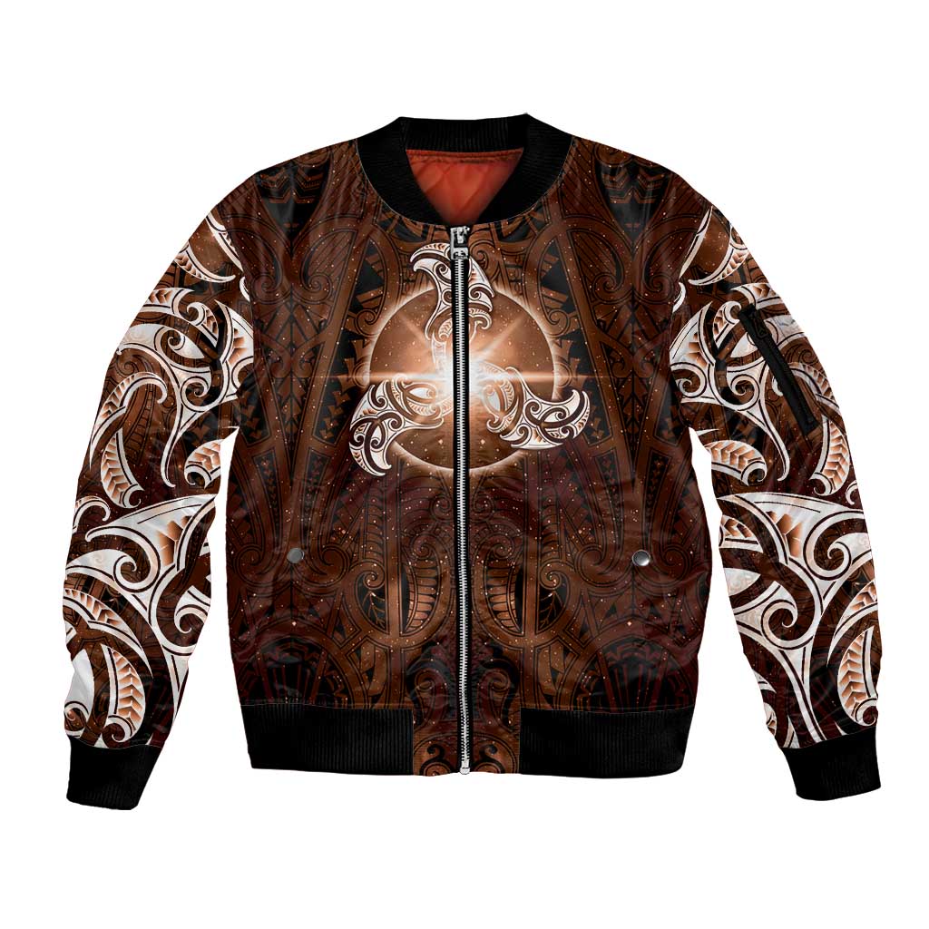 New Zealand Matariki Tupuanuku Sleeve Zip Bomber Jacket Maori Moko Brown Galaxy LT05 Unisex Brown - Polynesian Pride