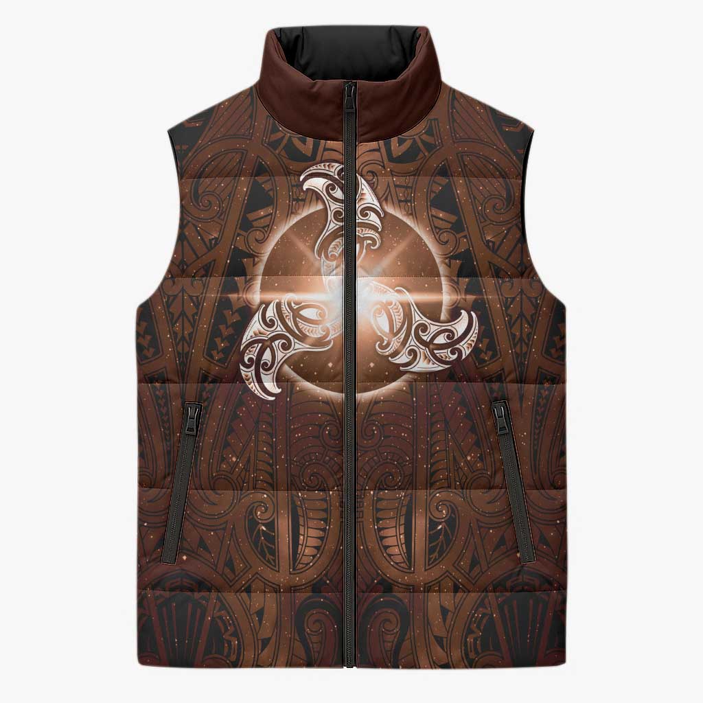New Zealand Matariki Tupuanuku Sleeveless Puffer Jacket Maori Moko Brown Galaxy