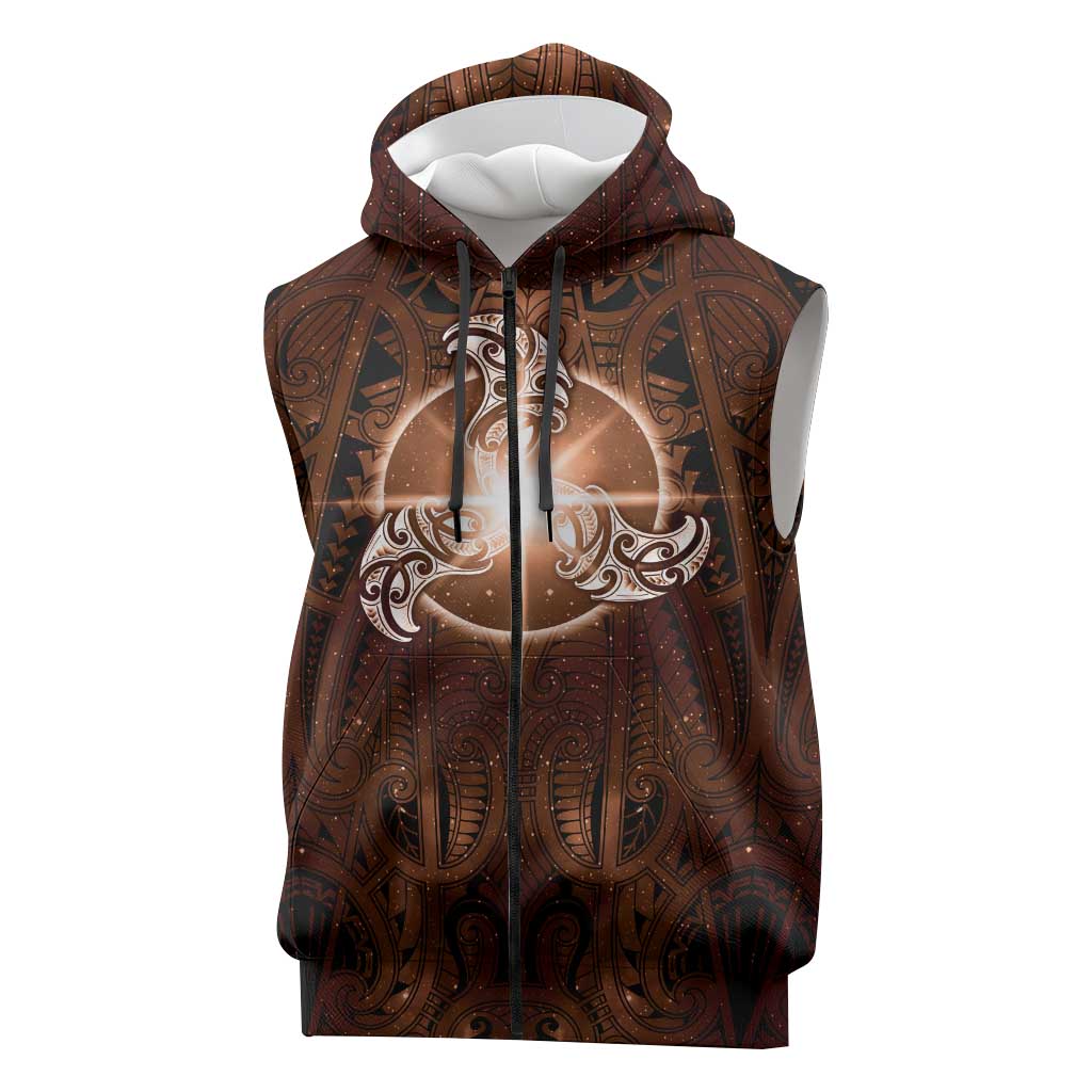 New Zealand Matariki Tupuanuku Sleeveless Zip Hoodie Maori Moko Brown Galaxy
