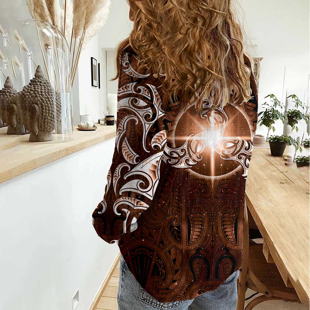 New Zealand Matariki Tupuanuku Women Casual Shirt Maori Moko Brown Galaxy