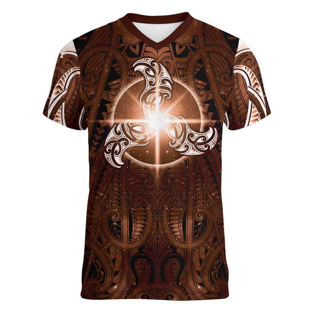 New Zealand Matariki Tupuanuku Women V-Neck T-Shirt Maori Moko Brown Galaxy