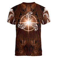 New Zealand Matariki Tupuanuku Women V-Neck T-Shirt Maori Moko Brown Galaxy