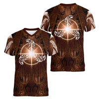 New Zealand Matariki Tupuanuku Women V-Neck T-Shirt Maori Moko Brown Galaxy