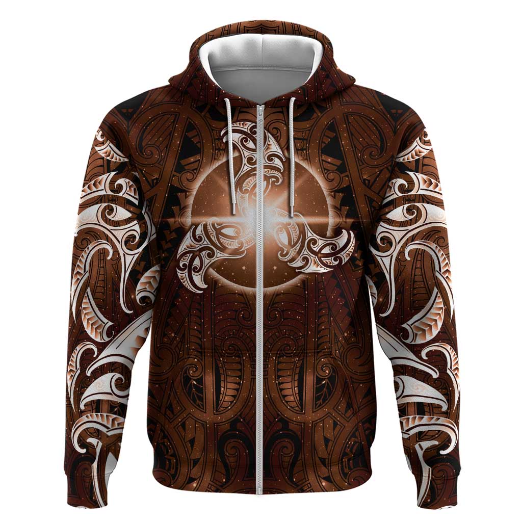 New Zealand Matariki Tupuanuku Zip Hoodie Maori Moko Brown Galaxy