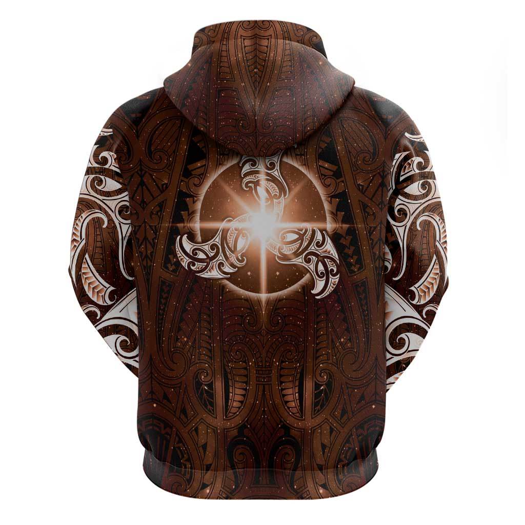 New Zealand Matariki Tupuanuku Zip Hoodie Maori Moko Brown Galaxy