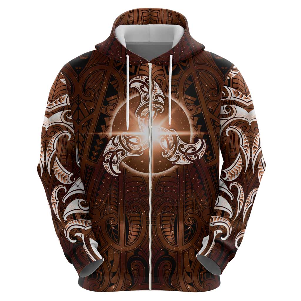 New Zealand Matariki Tupuanuku Zip Hoodie Maori Moko Brown Galaxy