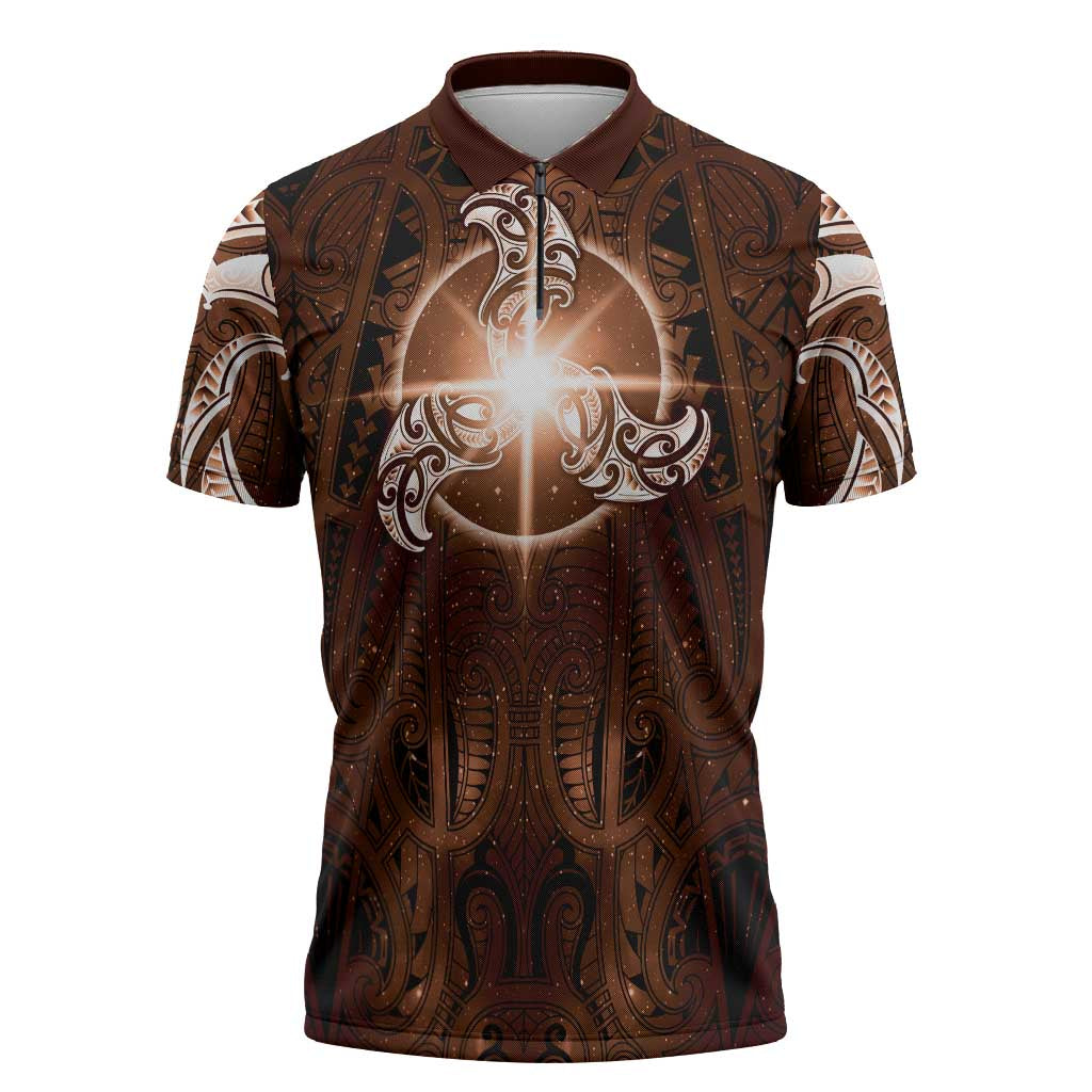 New Zealand Matariki Tupuanuku Zipper Polo Shirt Maori Moko Brown Galaxy