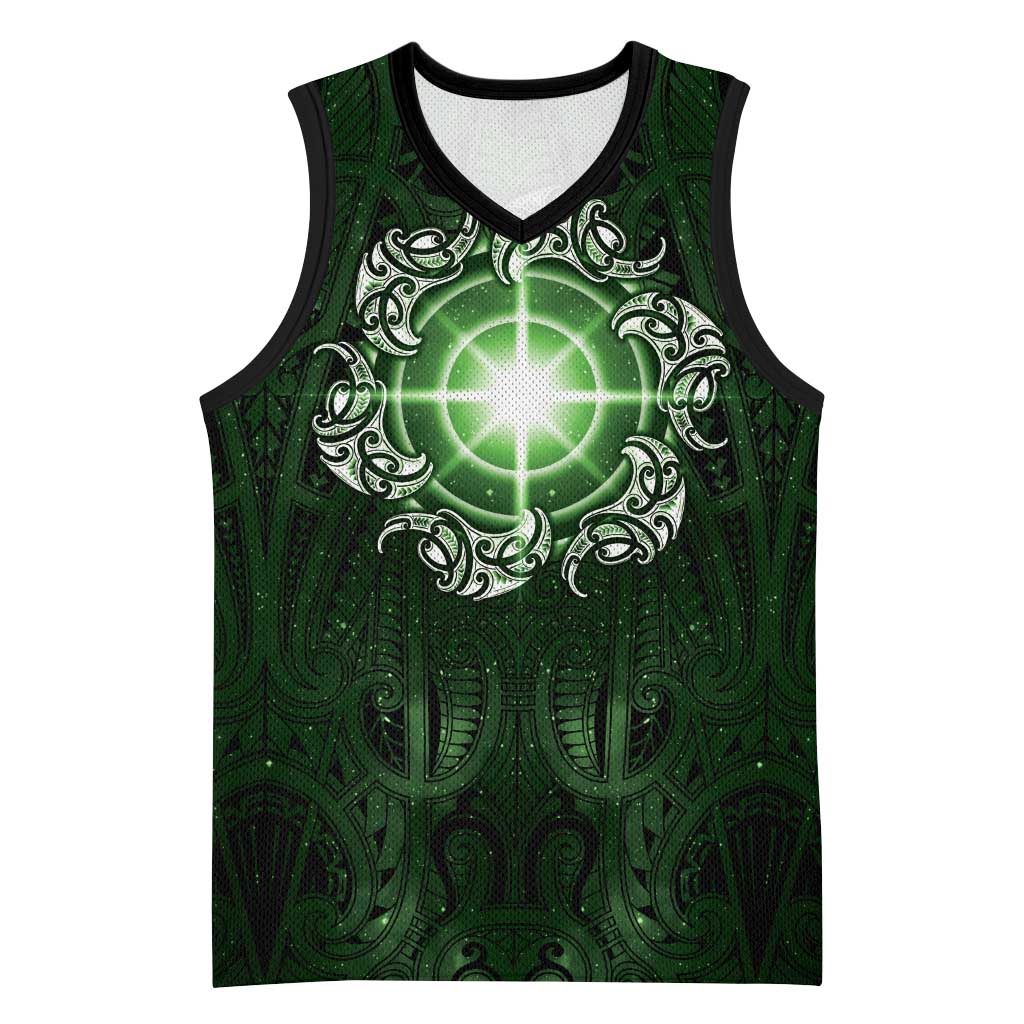 New Zealand Matariki Tupuarangi Basketball Jersey Maori Moko Green Galaxy LT05 Unisex Green - Polynesian Pride