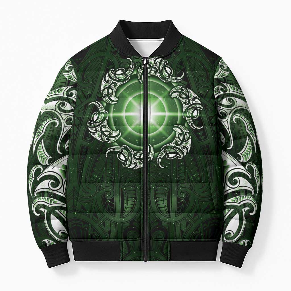 New Zealand Matariki Tupuarangi Bomber Puffer Jacket Maori Moko Green Galaxy