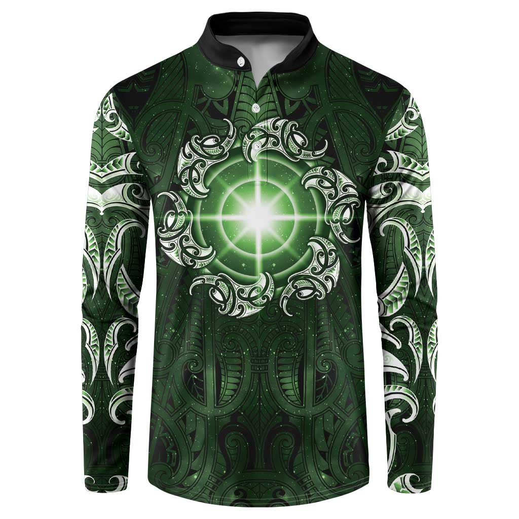 New Zealand Matariki Tupuarangi Button Sweatshirt Maori Moko Green Galaxy LT05 Green - Polynesian Pride