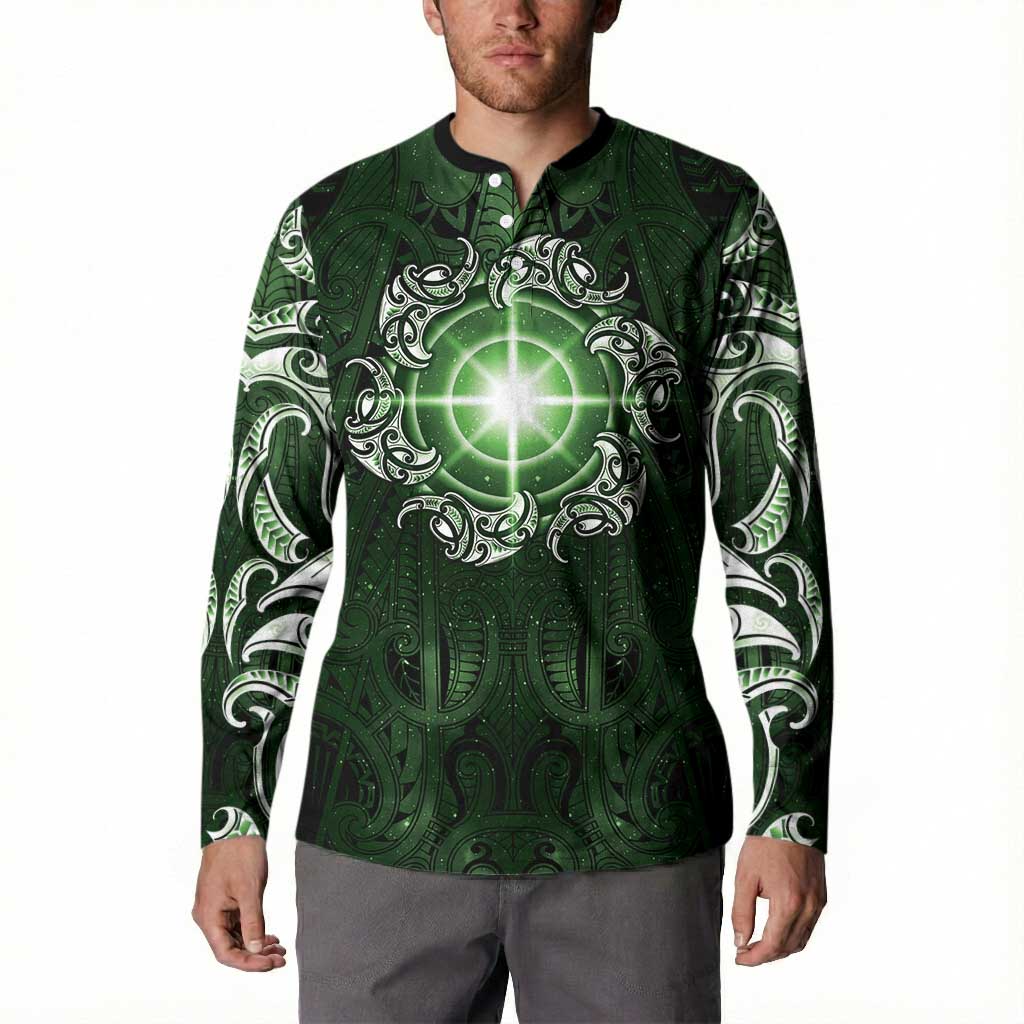 New Zealand Matariki Tupuarangi Button Sweatshirt Maori Moko Green Galaxy LT05 - Polynesian Pride