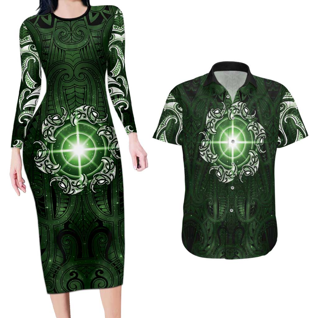New Zealand Matariki Tupuarangi Couples Matching Long Sleeve Bodycon Dress and Hawaiian Shirt Maori Moko Green Galaxy LT05 Green - Polynesian Pride