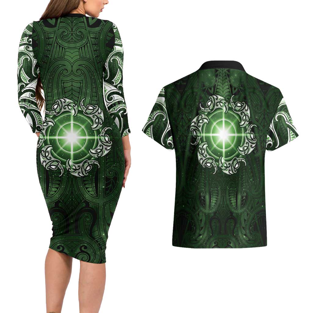New Zealand Matariki Tupuarangi Couples Matching Long Sleeve Bodycon Dress and Hawaiian Shirt Maori Moko Green Galaxy