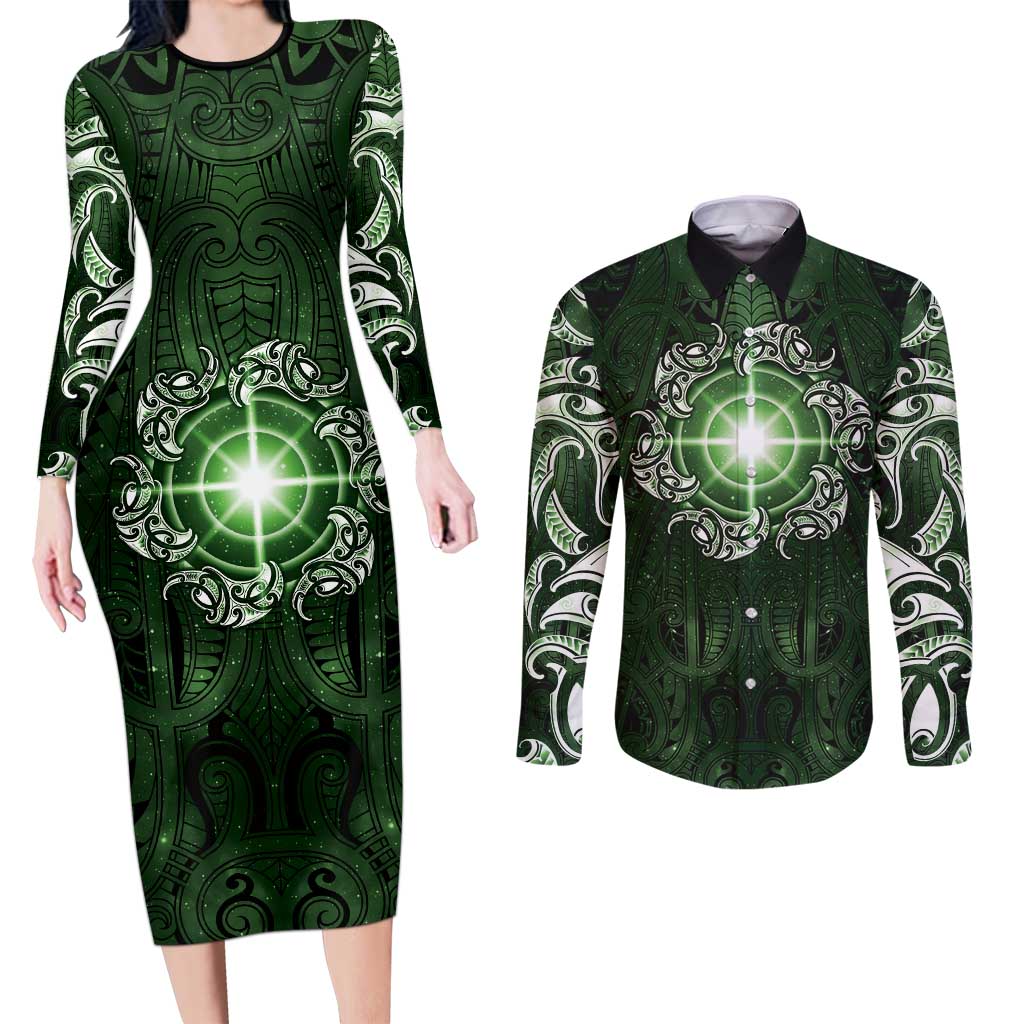 New Zealand Matariki Tupuarangi Couples Matching Long Sleeve Bodycon Dress and Long Sleeve Button Shirt Maori Moko Green Galaxy LT05 Green - Polynesian Pride