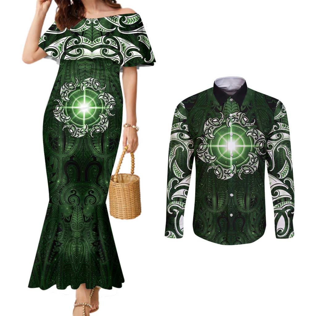 New Zealand Matariki Tupuarangi Couples Matching Mermaid Dress and Long Sleeve Button Shirt Maori Moko Green Galaxy LT05 Green - Polynesian Pride