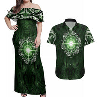 New Zealand Matariki Tupuarangi Couples Matching Off Shoulder Maxi Dress and Hawaiian Shirt Maori Moko Green Galaxy