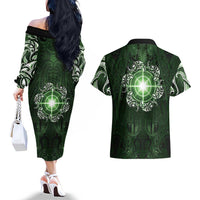 New Zealand Matariki Tupuarangi Couples Matching Off The Shoulder Long Sleeve Dress and Hawaiian Shirt Maori Moko Green Galaxy