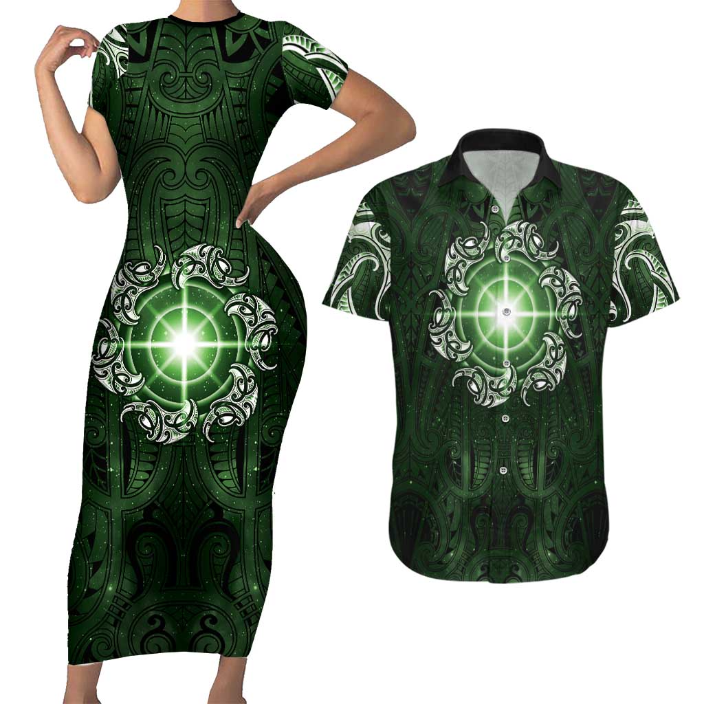 New Zealand Matariki Tupuarangi Couples Matching Short Sleeve Bodycon Dress and Hawaiian Shirt Maori Moko Green Galaxy