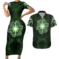 New Zealand Matariki Tupuarangi Couples Matching Short Sleeve Bodycon Dress and Hawaiian Shirt Maori Moko Green Galaxy