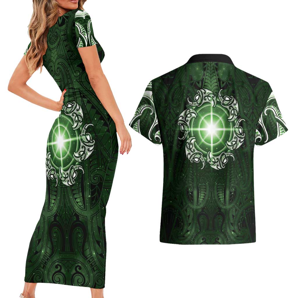 New Zealand Matariki Tupuarangi Couples Matching Short Sleeve Bodycon Dress and Hawaiian Shirt Maori Moko Green Galaxy